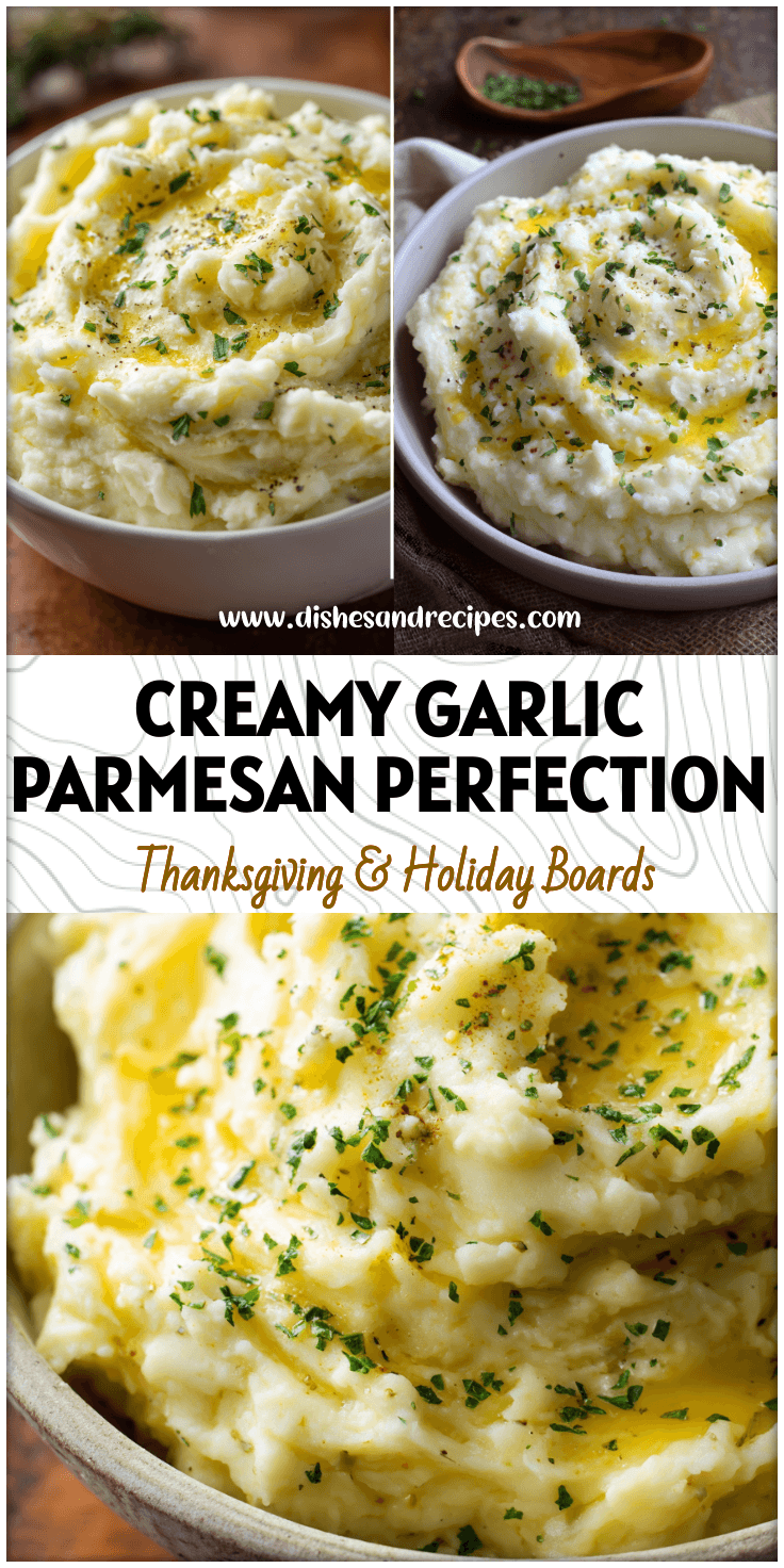 A bowl of creamy Garlic Parmesan Mashed Potatoes garnished with herbs and made from buttery yellow potatoes.